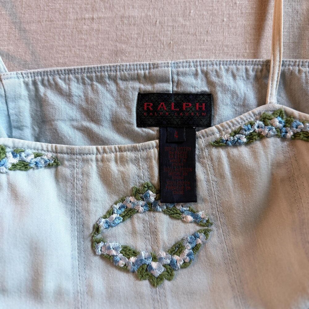 Ralph Ralph Lauren c. 1990s Embroidered Denim Shift Dress Cumulus Blue | XS - Picture 5 of 5
